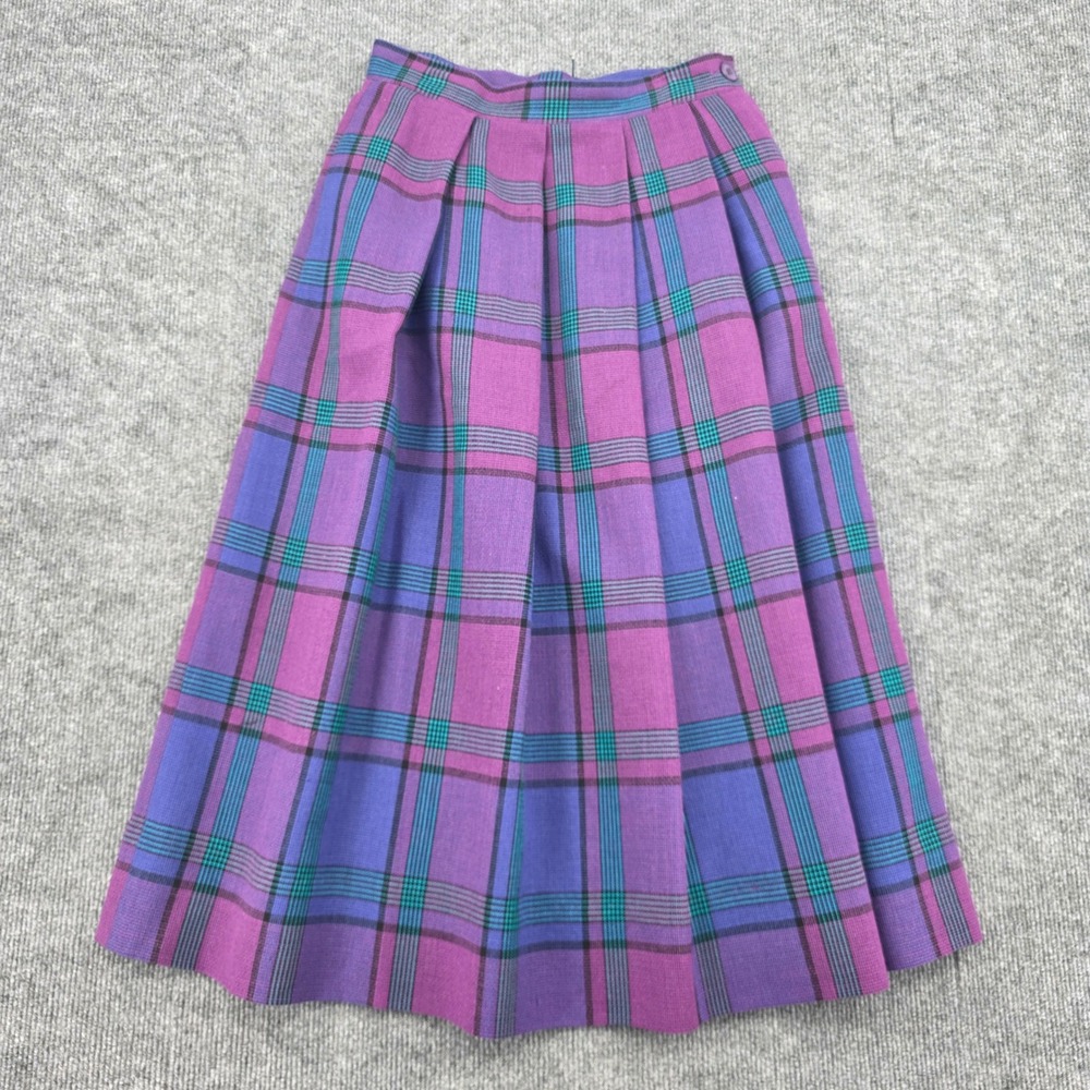 Prophecy Vintage 100% Pure Wool Plaid Pleated Midi Skirt Purple Blue USA Made